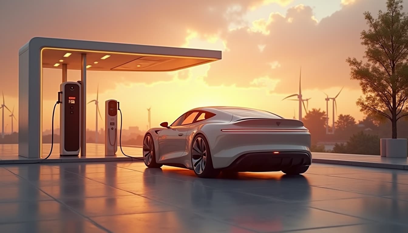 Electric vehicle charging at a futuristic station